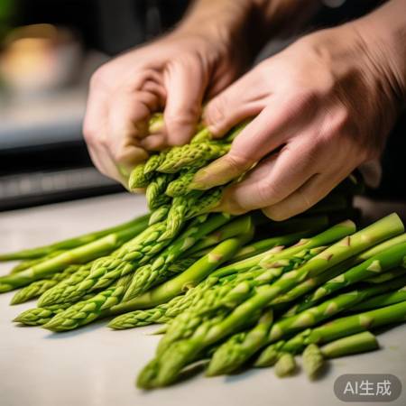 芦笋根部切斜段，盐水泡防氧化。