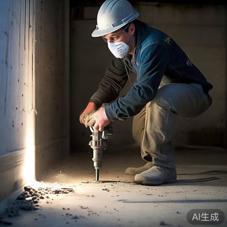 电钻打孔，戴帽防飞溅